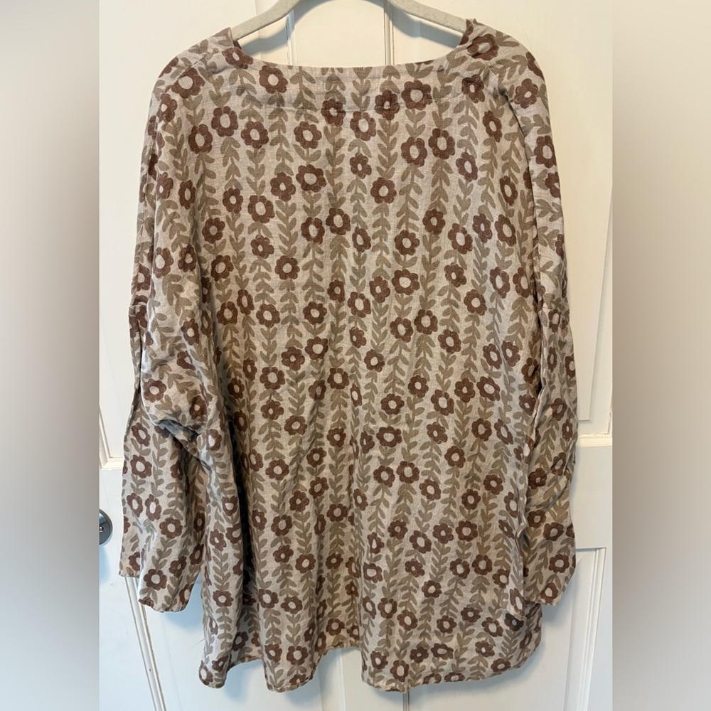 Gundrun Sjoden floral linen tan tunic top blouse lagoonlook women’s xl x-large - Picture 4 of 5